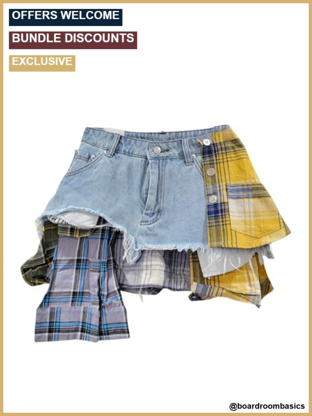 Women's Y2K High Waist Plaid Patchwork Asymmetrical Hem A Line Mini Denim Skirt